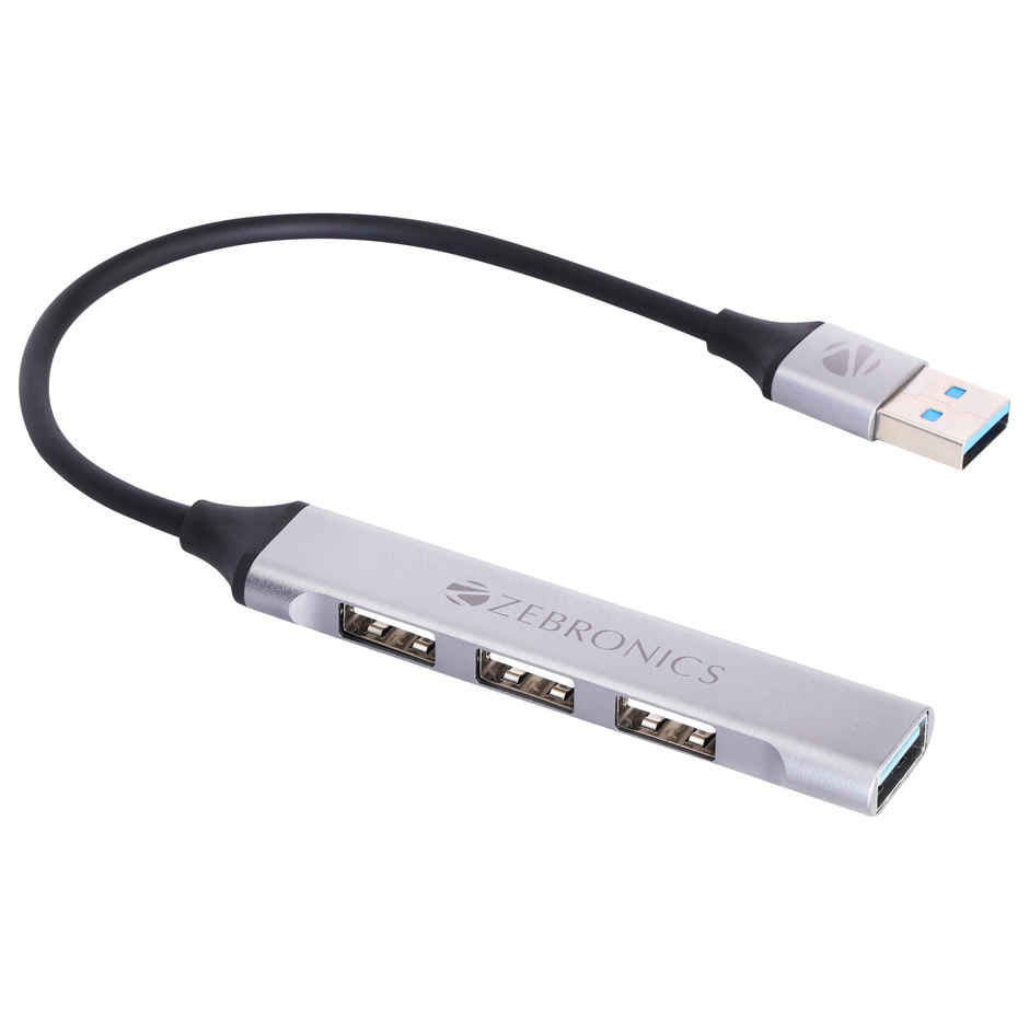 Zebronics 200HB USB 3.0 4 Port hub with Hi Speed Data Transfer, Aluminum + ABS Body, 15cm Cable, Sleek Design and Plug Play Usage - Black & Grey