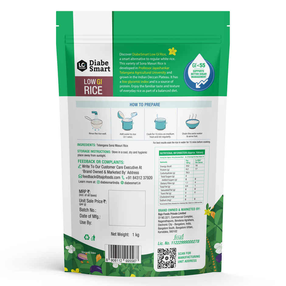 DiabeSmart Low GI Rice - Sona Masoori Diabetic Care White Rice for Sugar Control