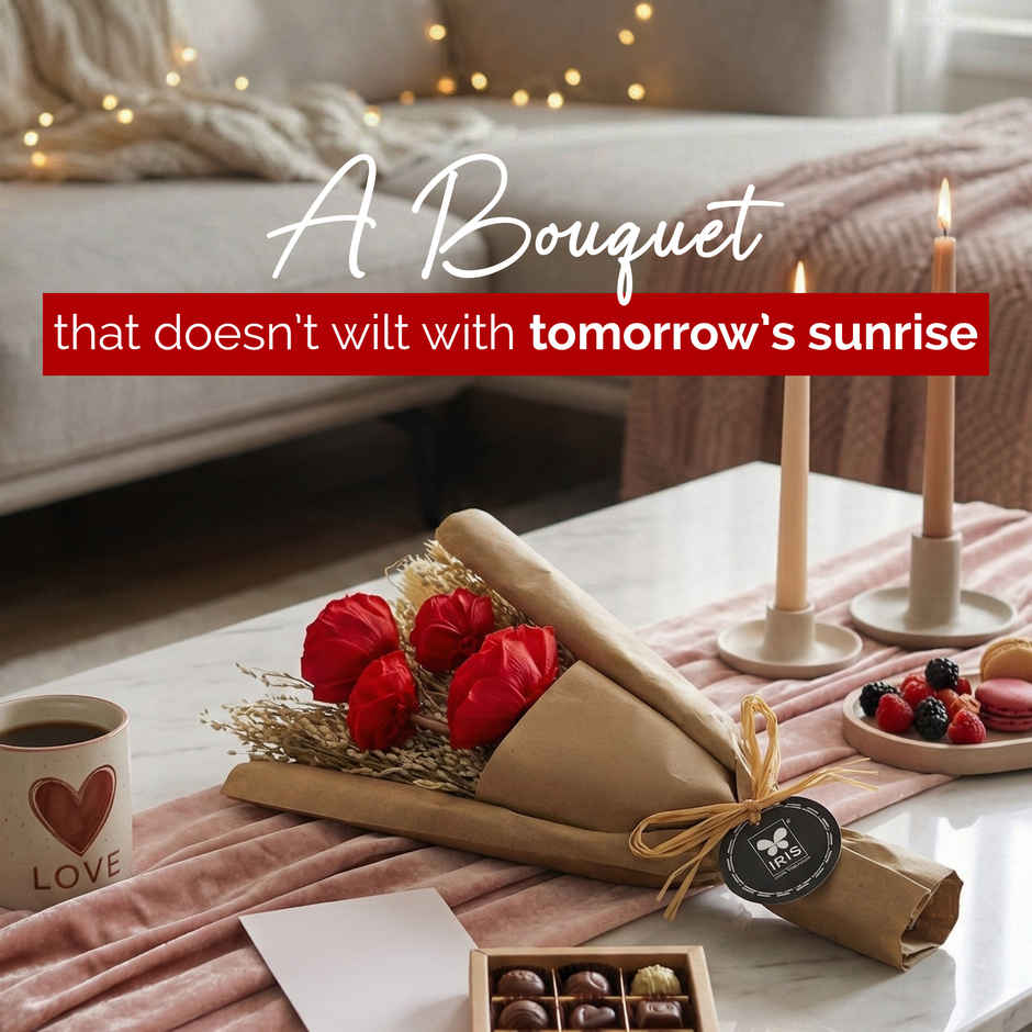 Everlasting Red Rose Love Dry Flower Bouquet with Fragrance Spray | Ideal for Gifting | IRIS