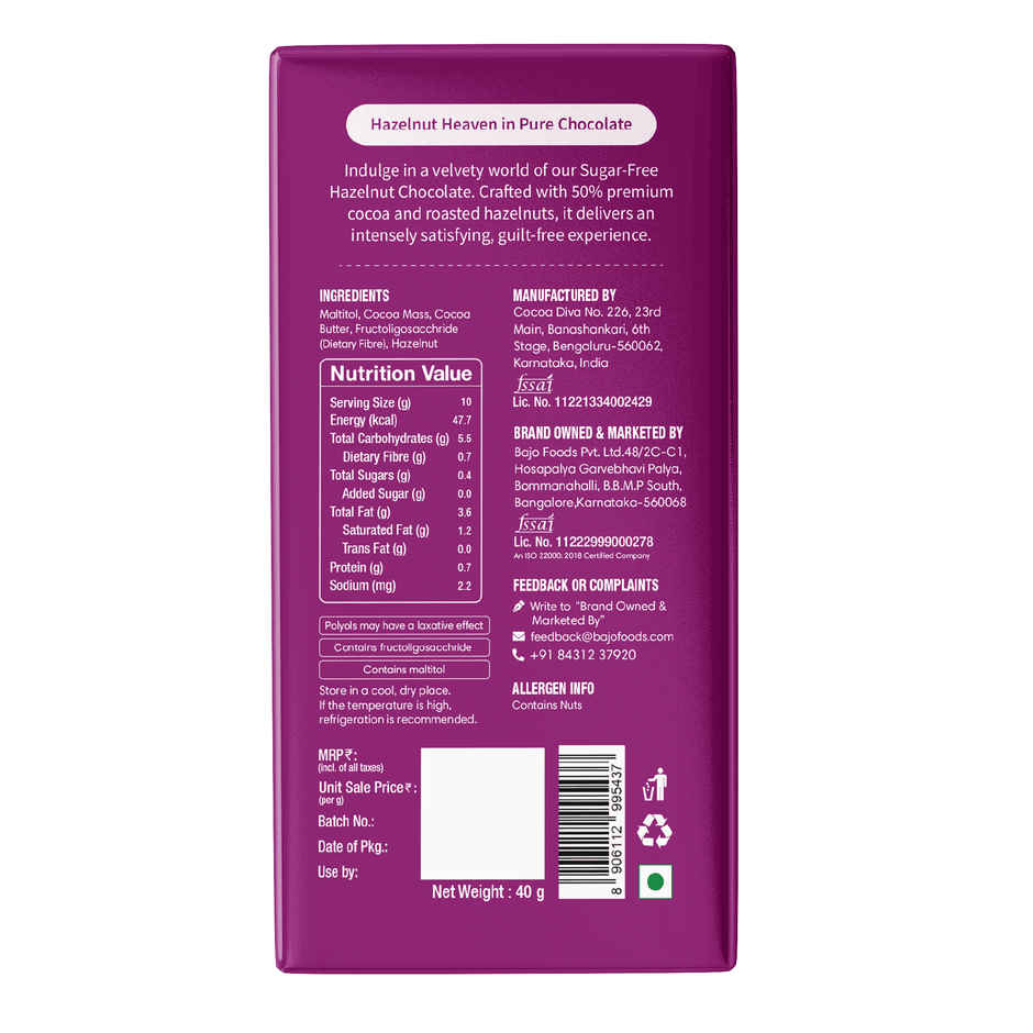 Lo Foods Hazelnut Sugar Free Dark Chocolate Bar - Premium Cocoa Butter Healthy Chocolate