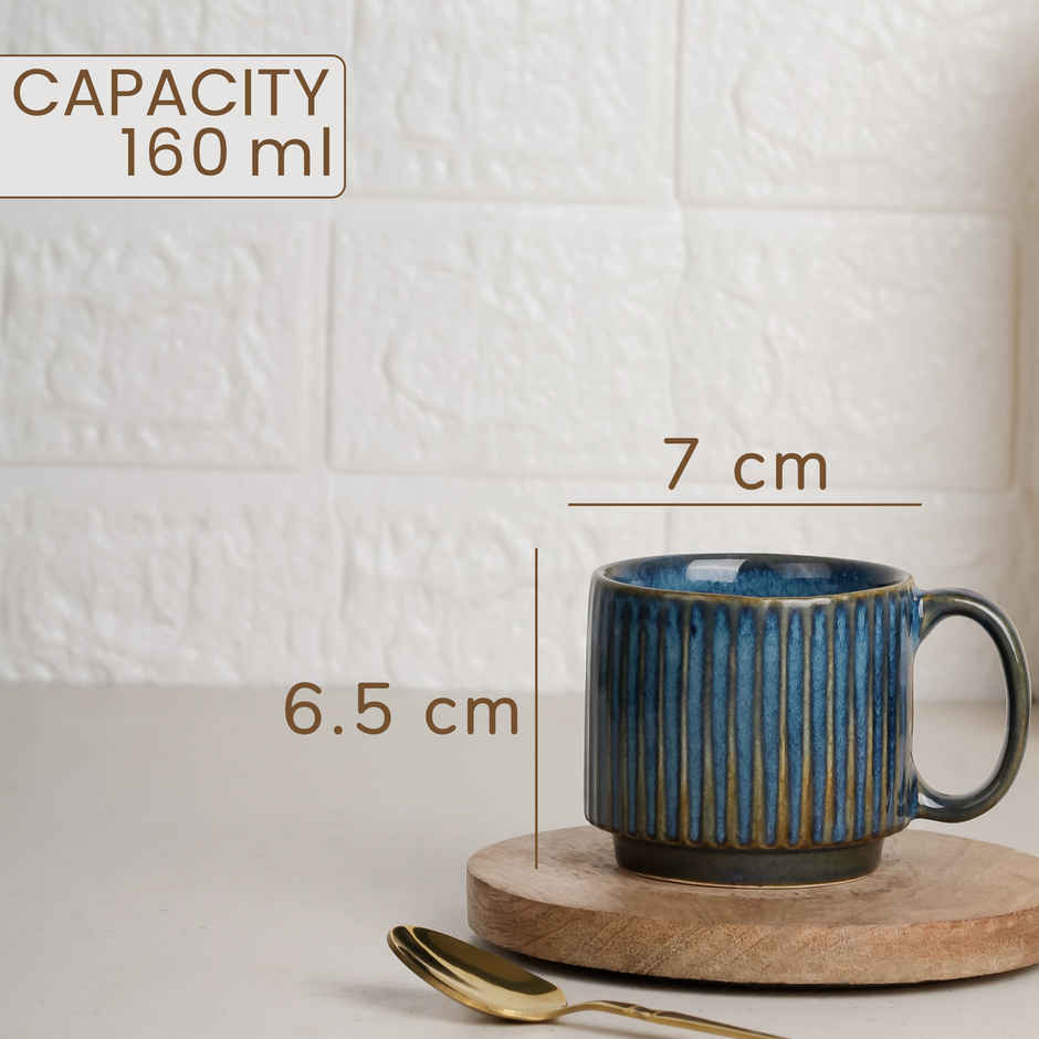 The Earth Store Glam Blue Fringe Premium Stackable Ceramic Tea Cup | Blue - 160 ml