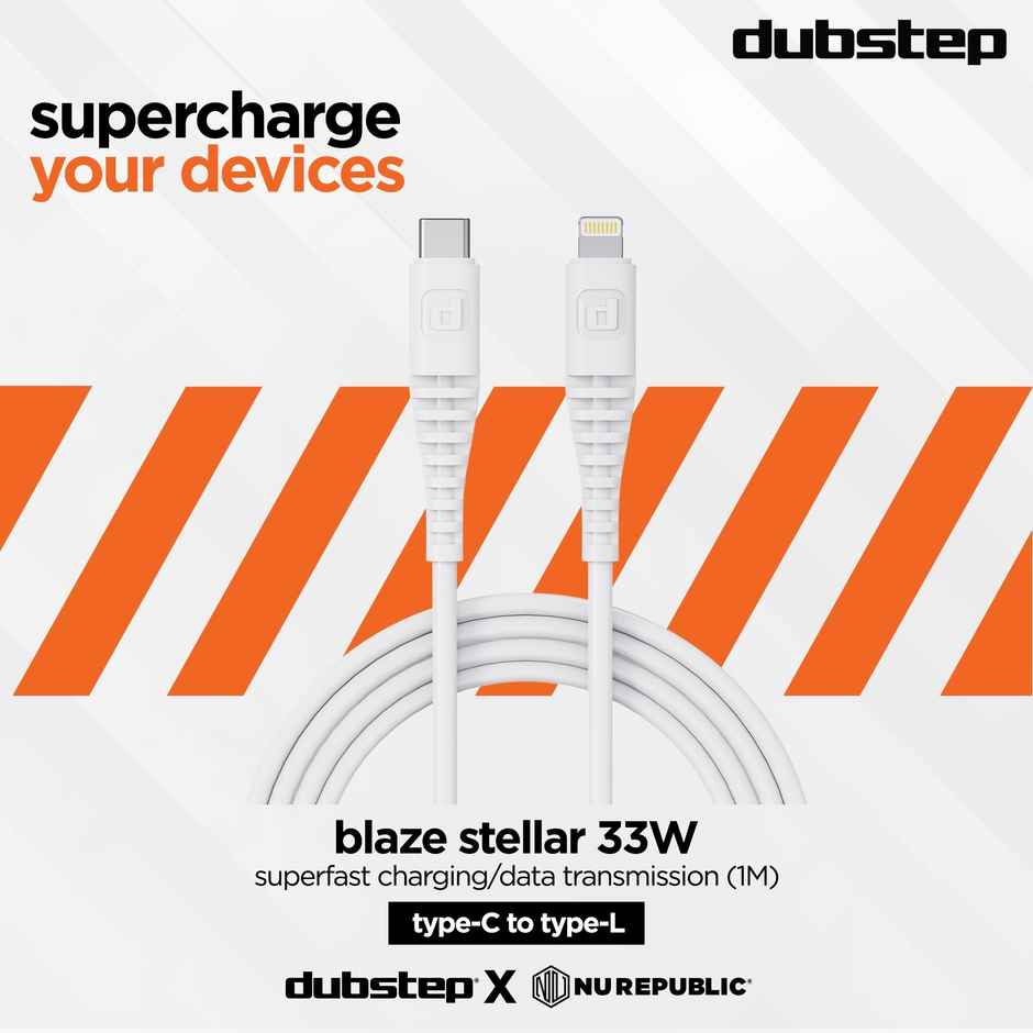 Dubstep Blaze Stellar 33W Type-C To Type-L Data Fast Charging Compatible & Data Sync Cable with Overheat Protection | 70k Insertion Tested - White