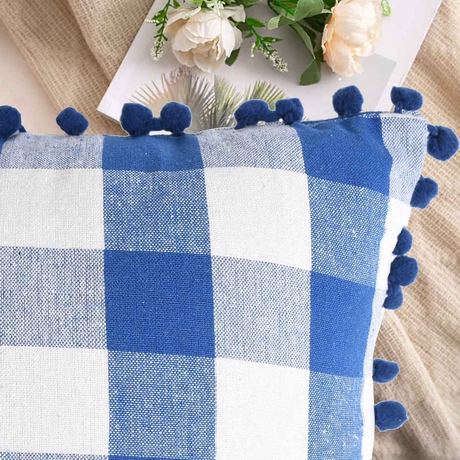 Lushomes Cotton Cushion Covers - Blue and White Checks | 20 x 20 inch | Pom Pom