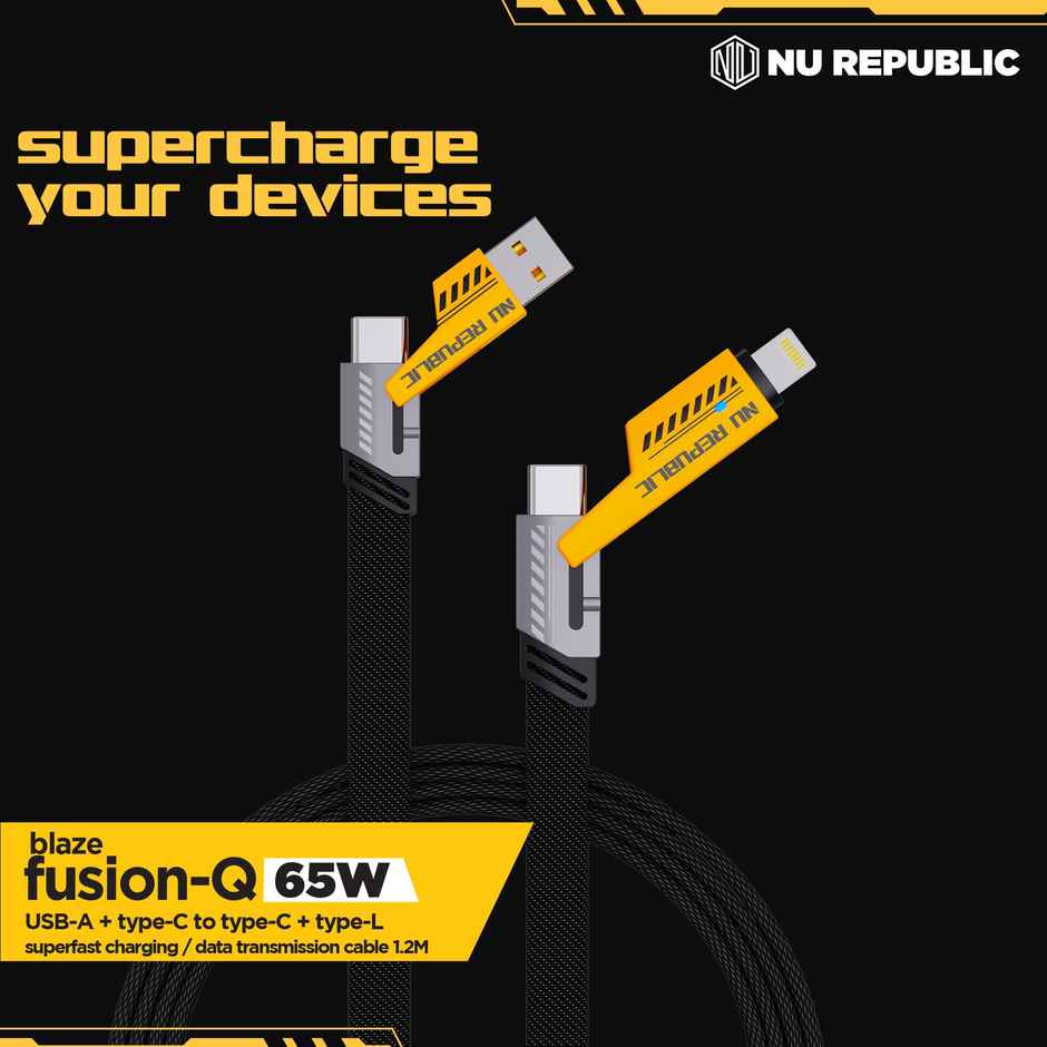 Nu Republic Fusion-Q 65W USB-A to Type-C to Type-C | Type-L 1.2m Fast Data Charging Cable | Black
