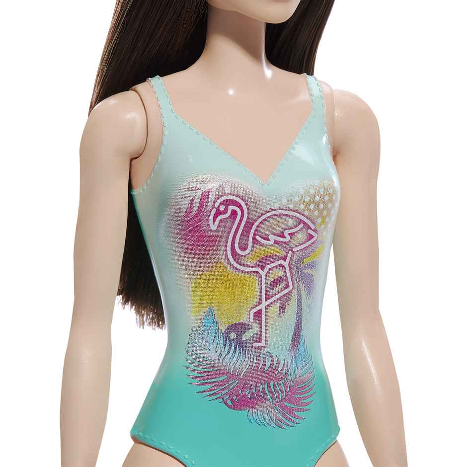 Mattel Barbie Beach Doll with Black Hair, Blue One-Piece Swimsuit with Tropical Print