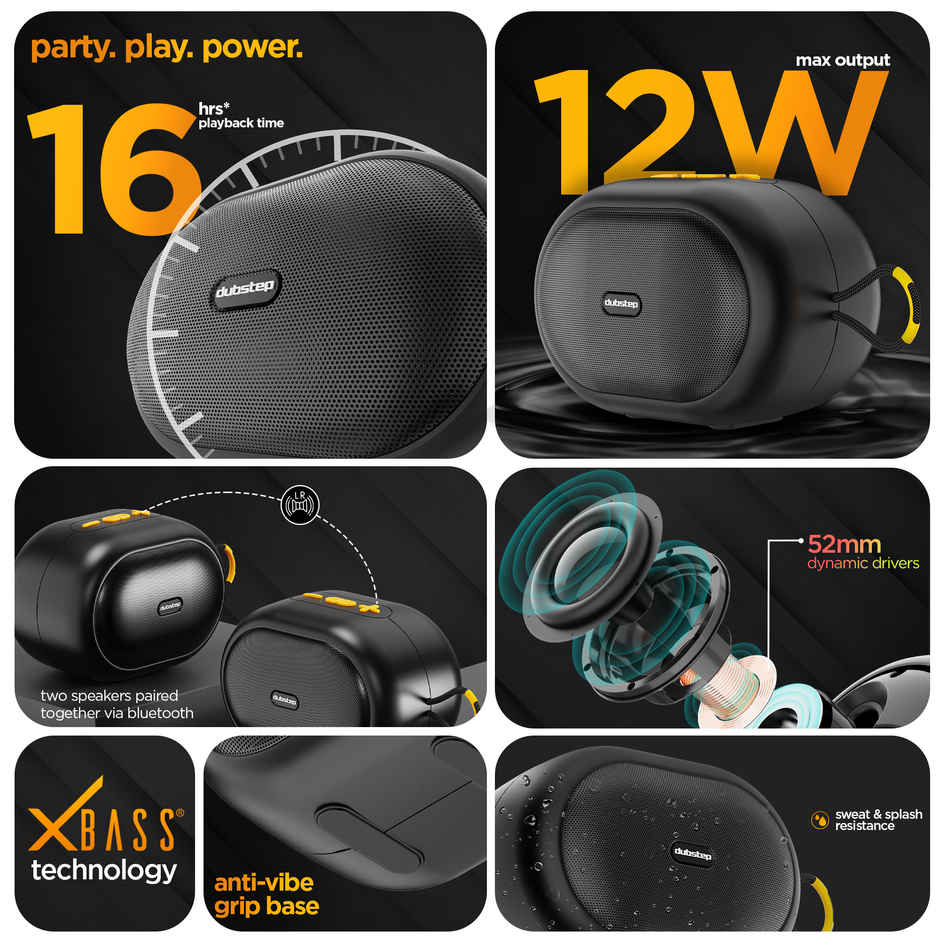 Dubstep Pop 1200 Wireless Speaker | 12W Output | 16 Hrs Playtime | 52 mm Drivers | TWS Pairing | Black
