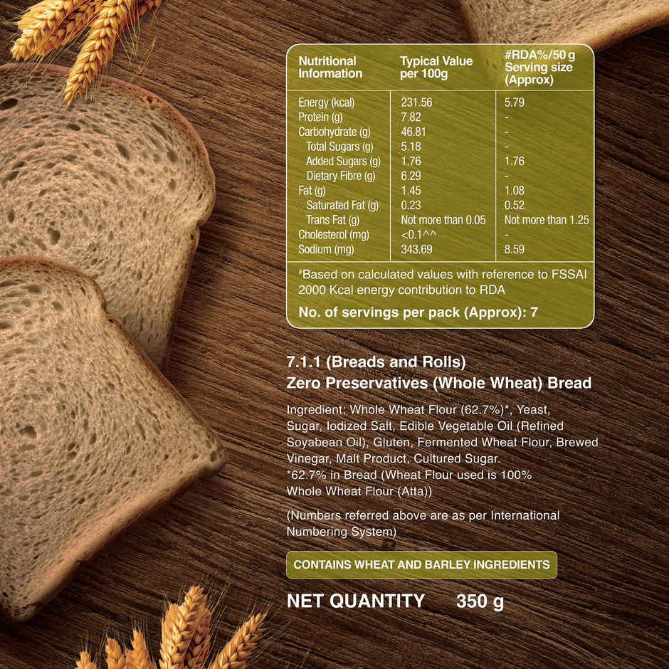 Baker's Loaf Zero Preservatives Whole Wheat Bread