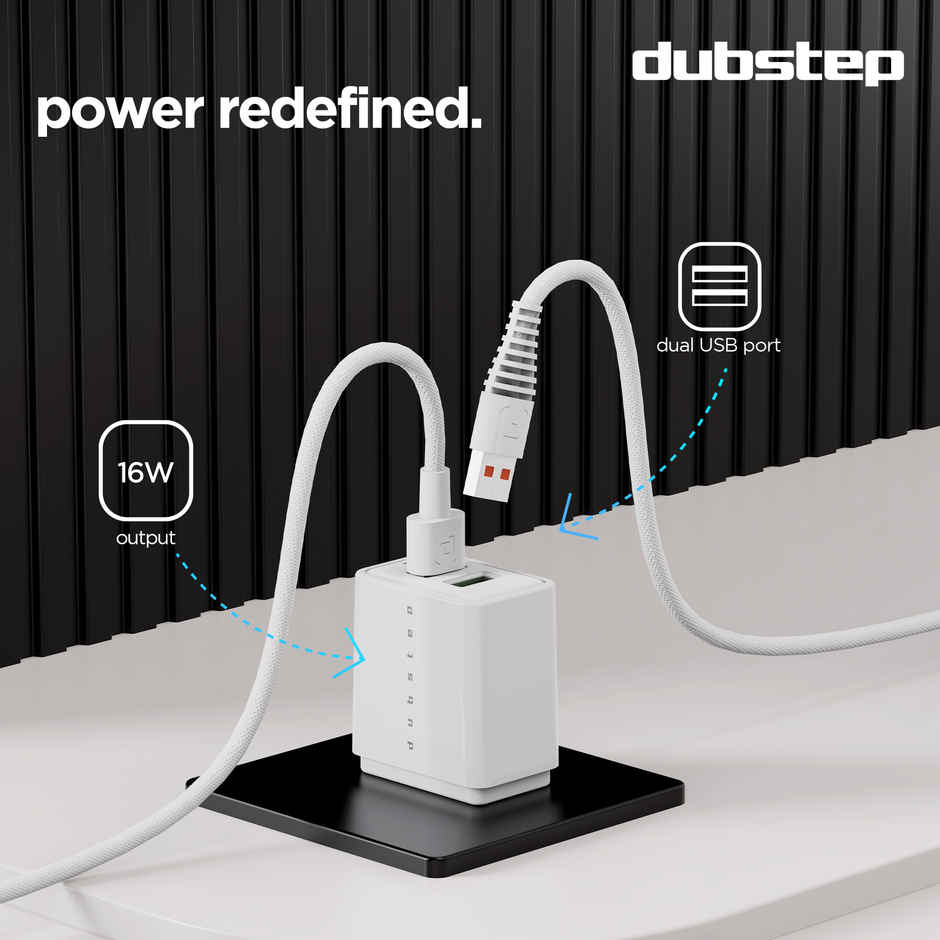 Dubstep Sprint 16W Dual USB Port Wall Charger with 1M Type-C Cable, Multi-Layer Smart Chip Protection, Fast Charging Adaptor for All iOS & Android Devices - White