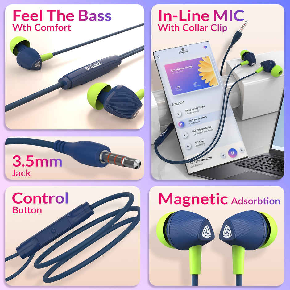 Aroma HF603 Wired Earphone With Mic 3.5Mm Jack I 10 Mm Drivers For Mobile | Tablet,Laptop I Blue