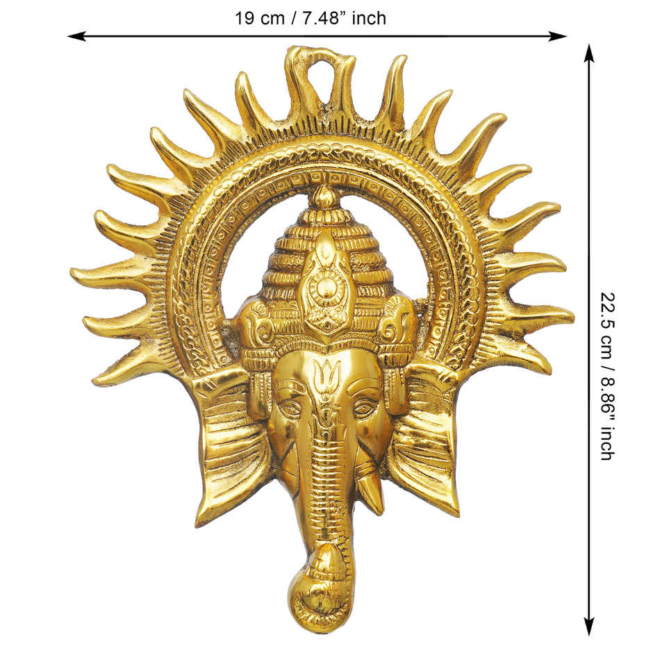 eCraftIndia Golden Lord Ganesha Face With Sun Decorative Metal Wall Hanging Showpiece