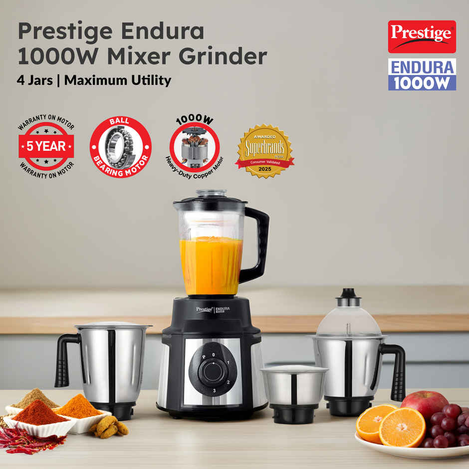 Prestige Endura 1000 Watts Mixer Grinder, Heavy-Duty Ball Bearing Copper Motor, 3 SS+1 Juicer, Black
