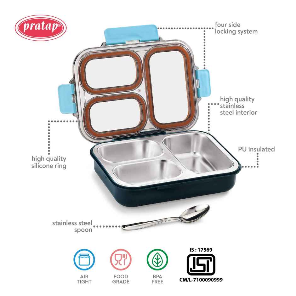 Stainless Steel Insulated Lunch Box with Three Compartments Leak Proof, BPA Free for School Office
