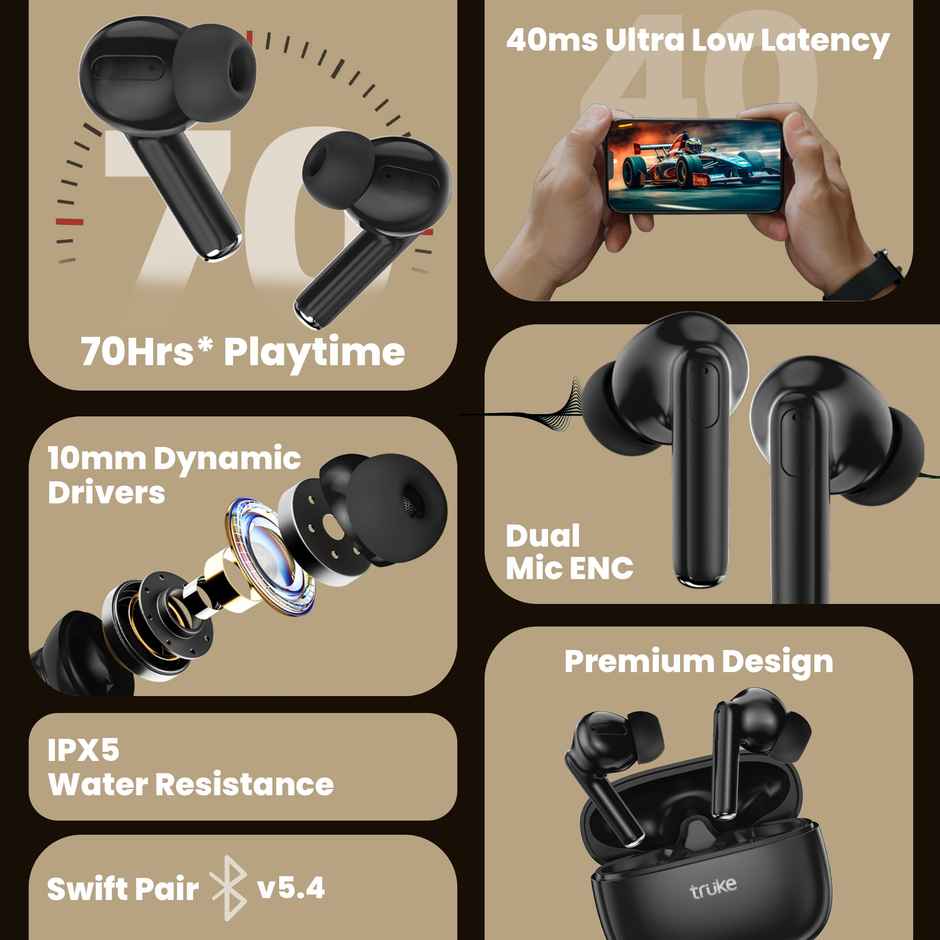 Truke Elite Truly Wireless Earbuds with 70h Playtime | ENC | Fast Charge - Black