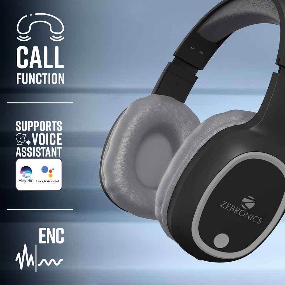 ZEBRONICS THUNDER Bluetooth 5.3 Wireless Headphones with 60H Backup, Gaming Mode, Dual Pairing, ENC, AUX, Micro SD, Voice assistant, Comfortable Earcups, Call Function - Black