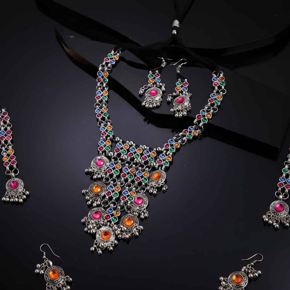 Shining Diva Fashion Stylish Traditional Oxidised Silver Necklace Jewellery Set for Women | 13110s