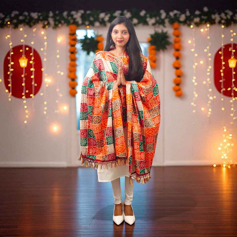 Multicolor Print Dupatta with Red Base | House of Festivals