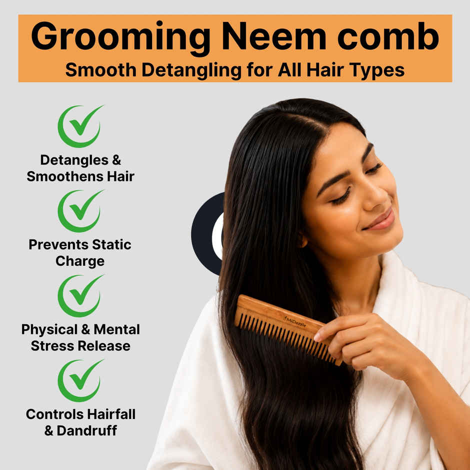 Midazzle Organic Kacchi Neem Wooden Shampoo Comb Wide Tooth | MINC2103