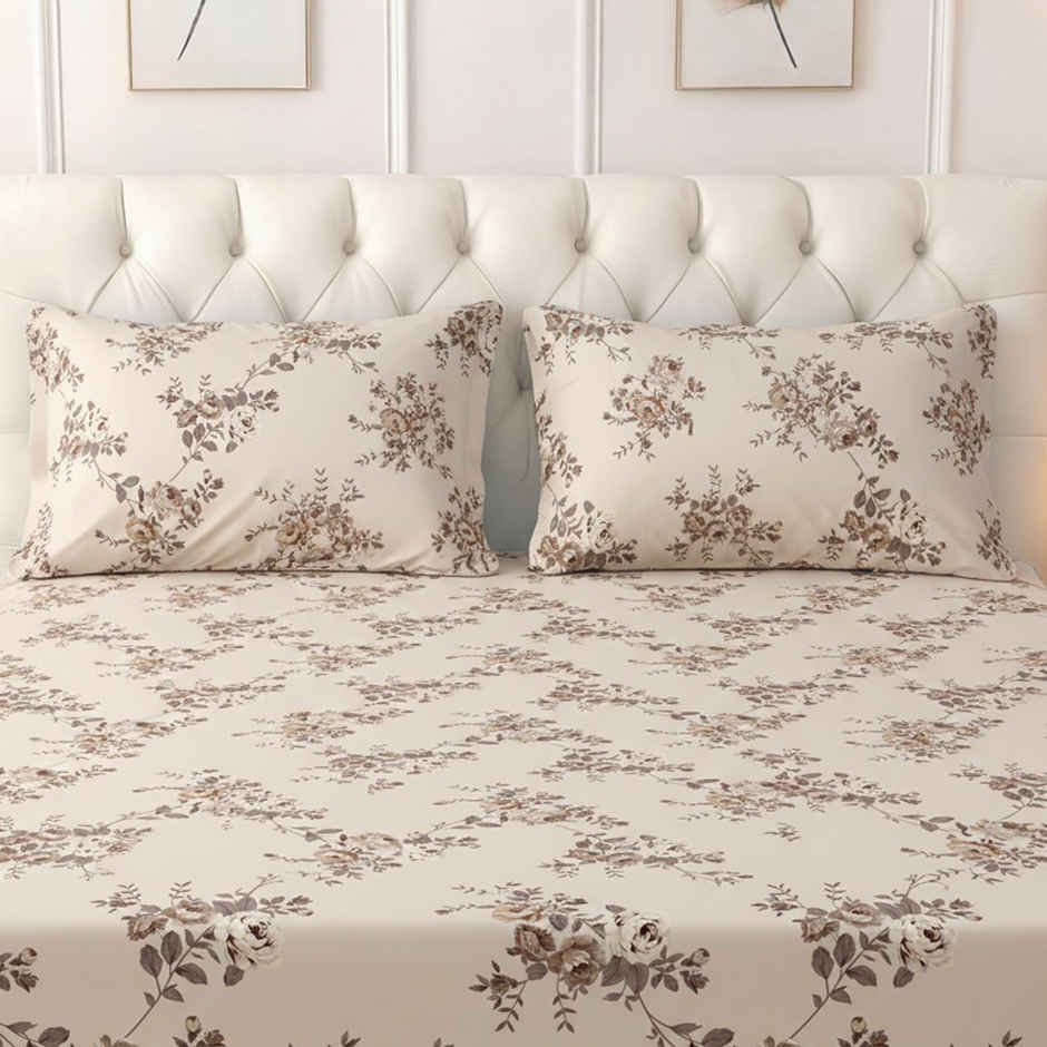 Raymond Home 120 GSM Hazel Floral Double Bedsheet with 2 Pillow Covers Beige