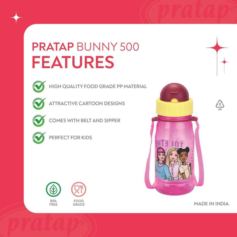 Pratap Barbie Bunny Kids Water Bottle with Sipper | BPA Free | 500 ml