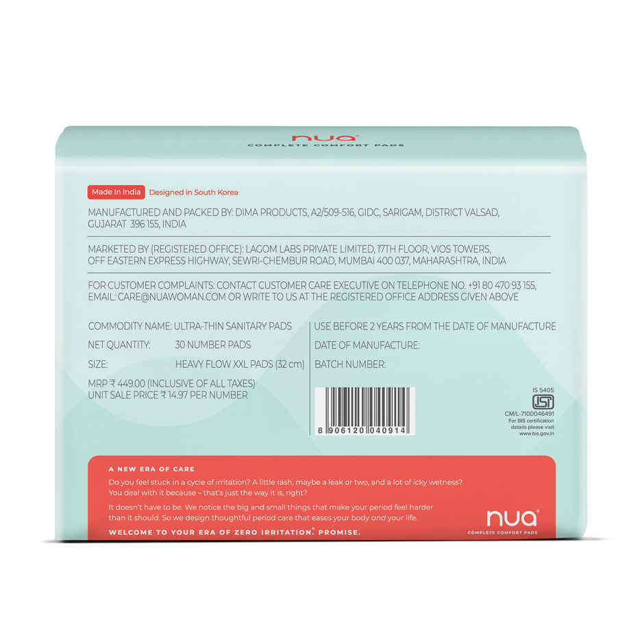 Nua Complete Comfort Sanitary Pads For Heavy Flow| 30 Xl+ (30pc) & Nua Cramp Comfort Heat Patches For Period Pain (3pc) Combo