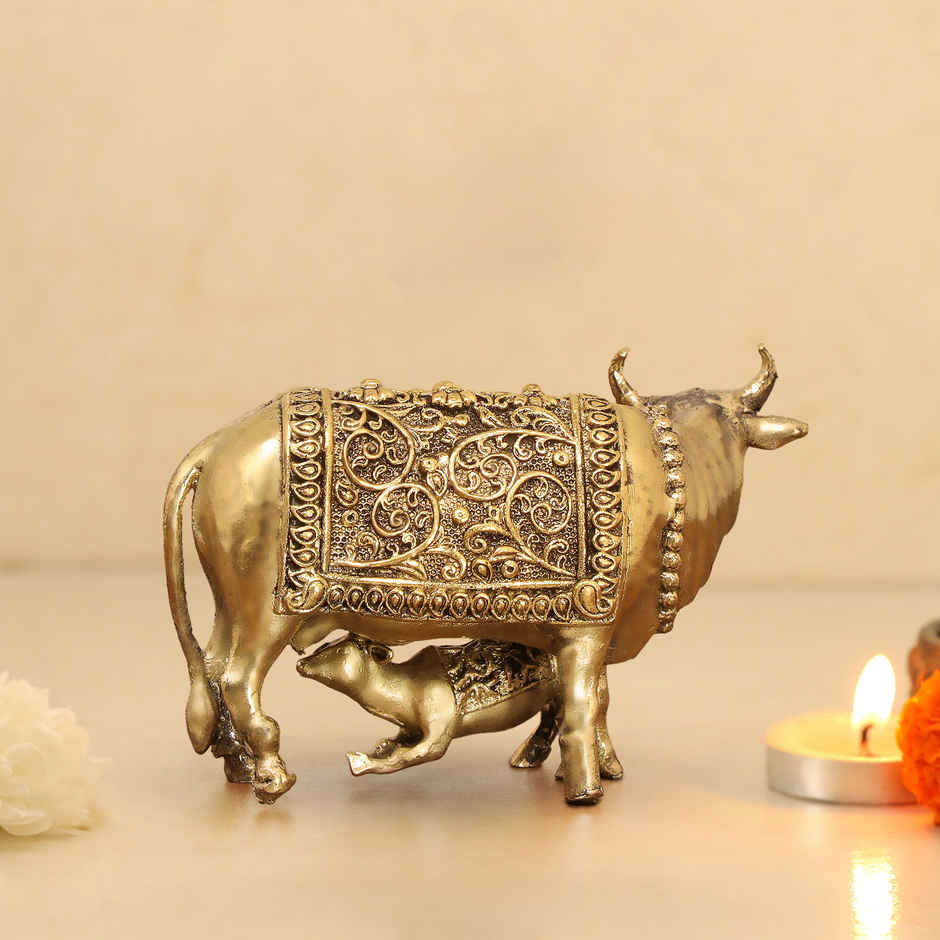 Intricate Brass Kamdhenu Cow/ Calf Murti | 1.5 Inches | Aksharveda