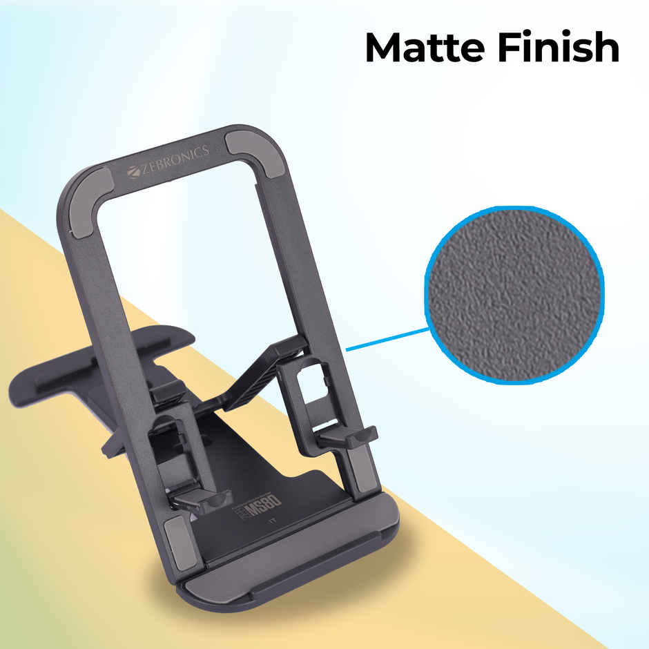 Zebronics MS80 Mobile Holder with Adjustable Height, Anti Skid Base, Matte Finish (Black)