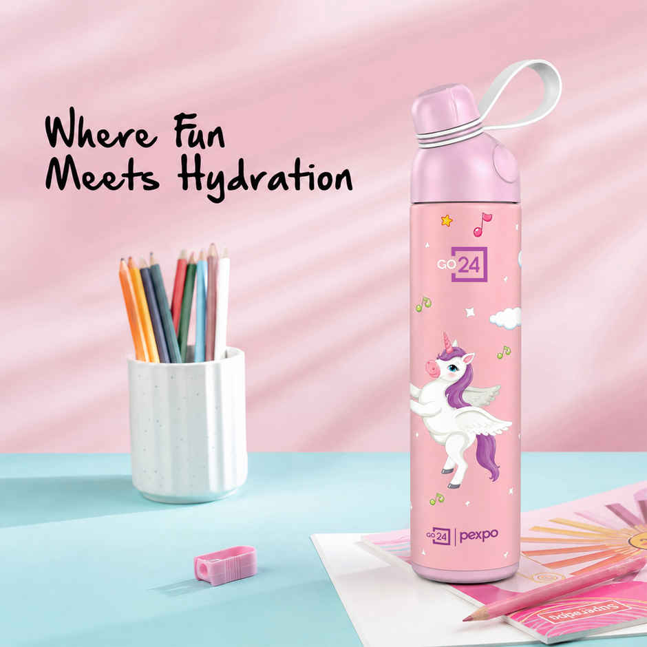 Go24 | Pexpo Stainless Steel Pico Cute Sipper Hot & Cold Water Bottle | Unicorn UV Printed | Pink | 500 ml