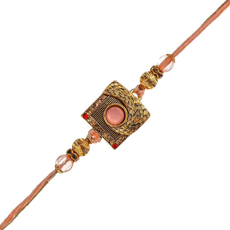 Stone Pastel Pink Golden Designer Fancy Raksha Bandhan Rakhi for Bhai Bhaiya | Roli Chawal Pack (eCraftIndia)