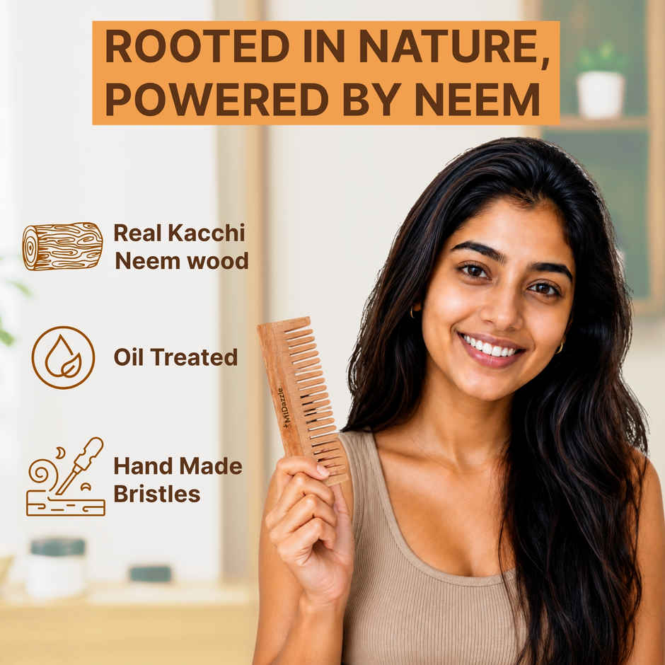 Midazzle Organic Kacchi Neem Wooden Shampoo Comb Wide Tooth | MINC2103