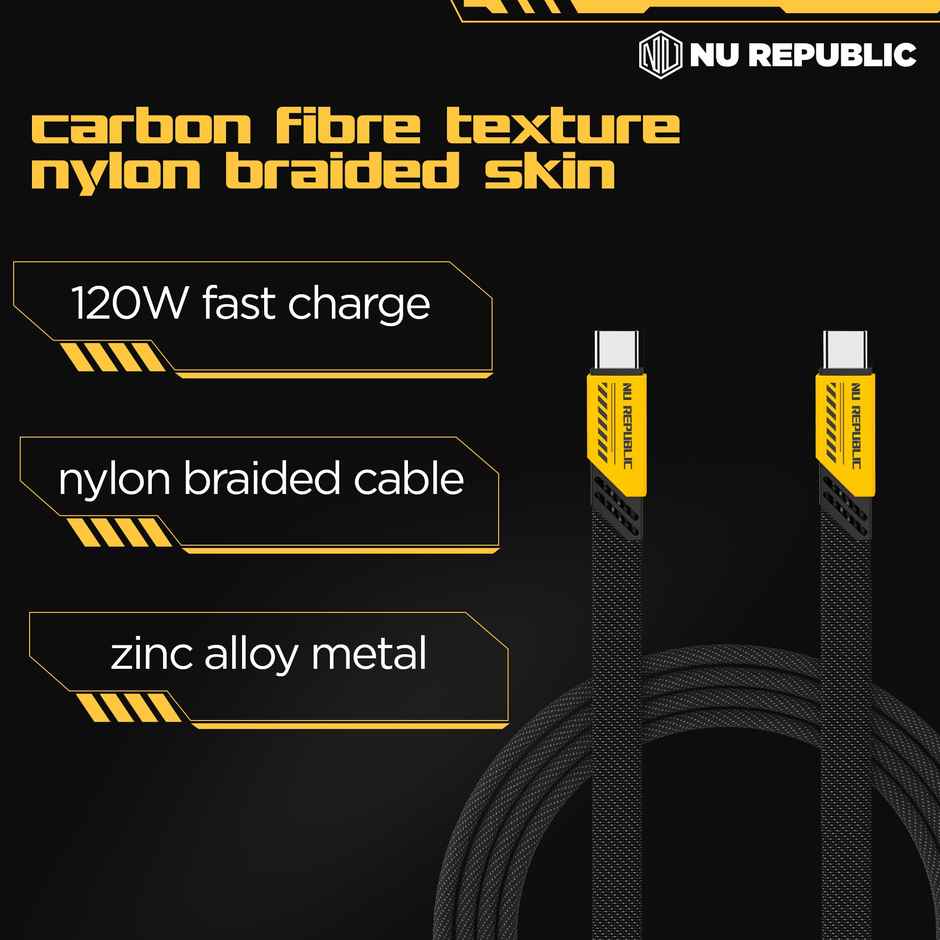 Nu Republic Blaze Fusion 120W 1.2 M Type-C To Type-C Fast Charge Carbon Fibre Texture Braided Cable (Compatible With Mobile, Tablet, Laptop, Speakers)1.2M - Yellow & Black