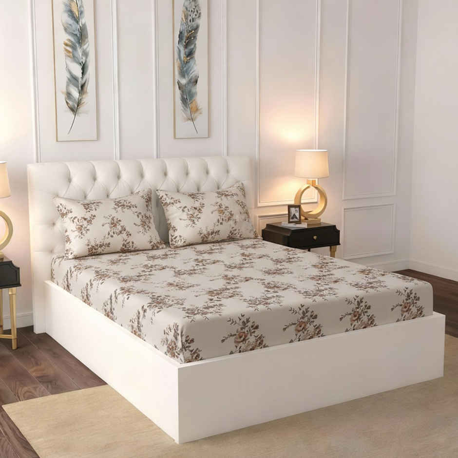 Raymond Home 120 GSM Hazel Floral Double Bedsheet with 2 Pillow Covers Beige