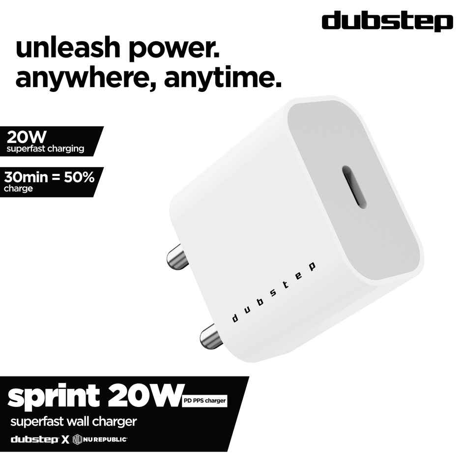 Dubstep Sprint 20W USB C Charger with PD PPS 3.0 Supports Fast Charging Adaptor Only | White
