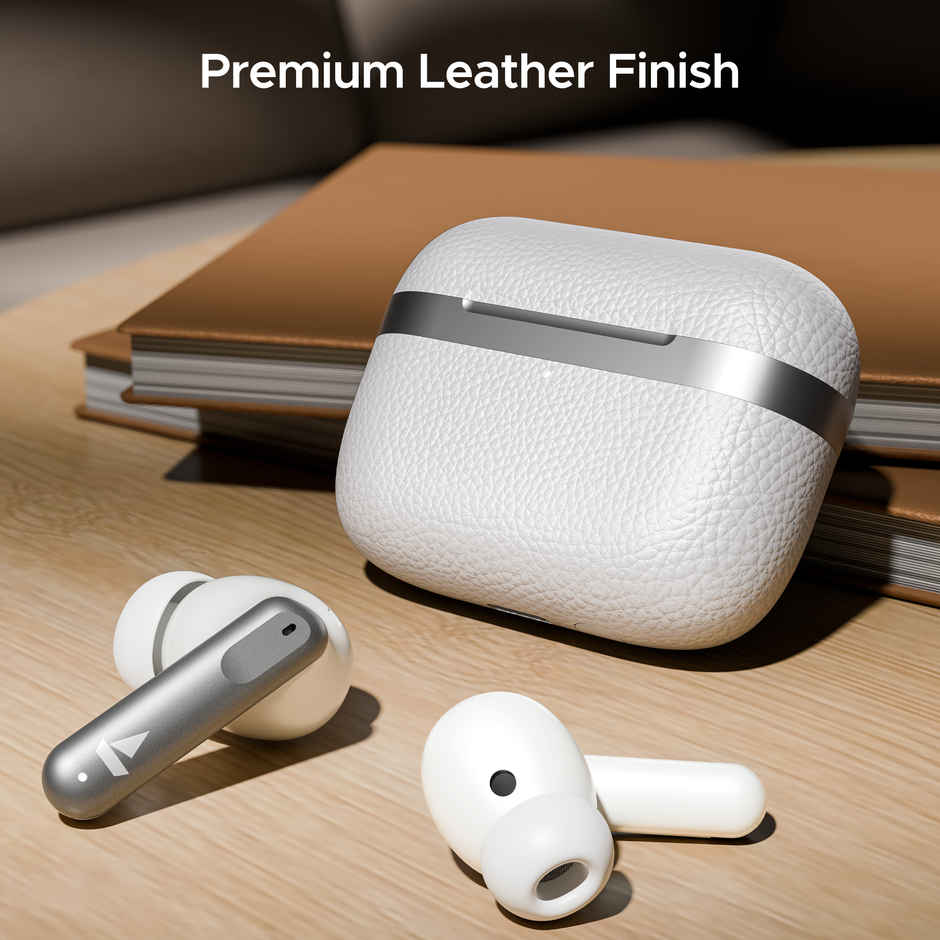 boAt Airdopes 111 v2 TWS Ear Buds with mic, Premium Leather Finish, 4Mics ENx,50HRS Battery, Free Music Streaming,13mm Drivers,Fast Charge,Dual Pair, Bluetooth Earbuds - Ivory White