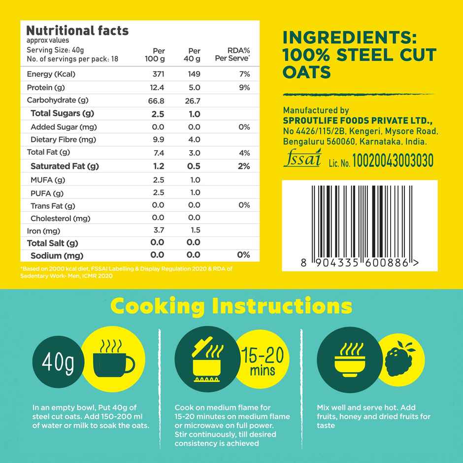 Yoga Bar Steel Cut Oats Whole Grain, Gluten-Free, High Fiber, Non-GMO, Protein-Rich, No Sugar Added