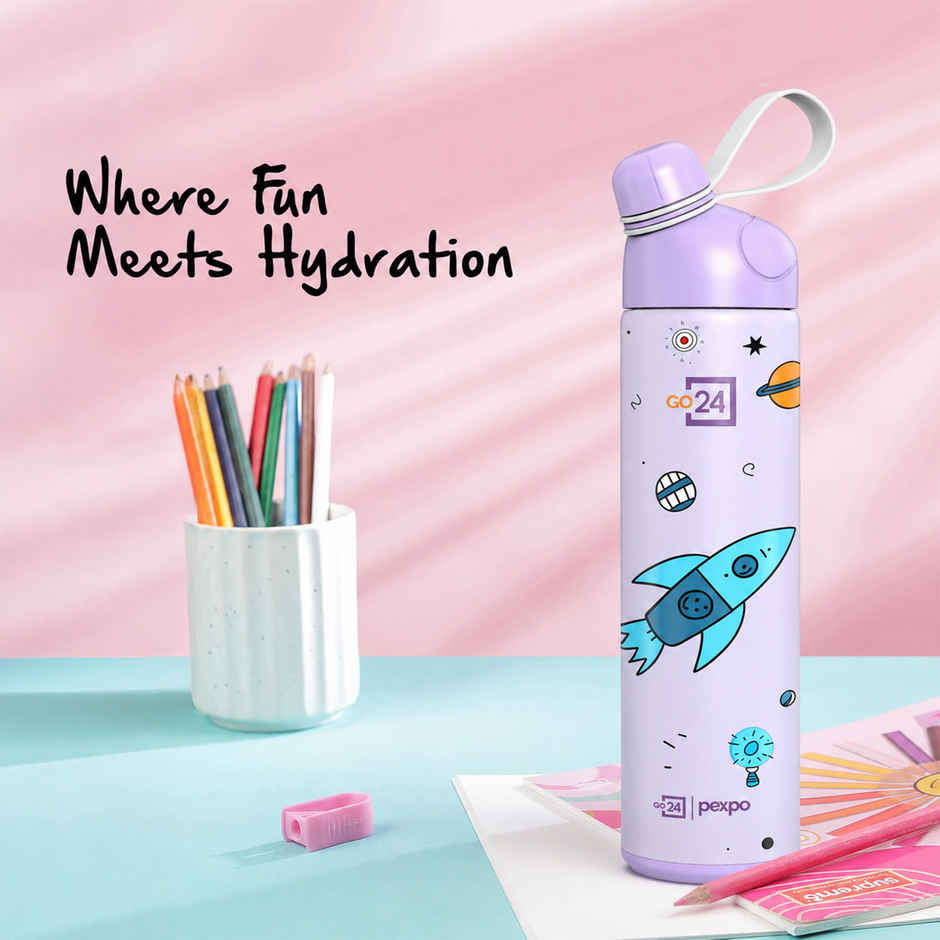 Go24 | Pexpo Pico Cute Sipper | 500 ml | Hot & Cold Steel Bottle | Rocket Uv Printed Design