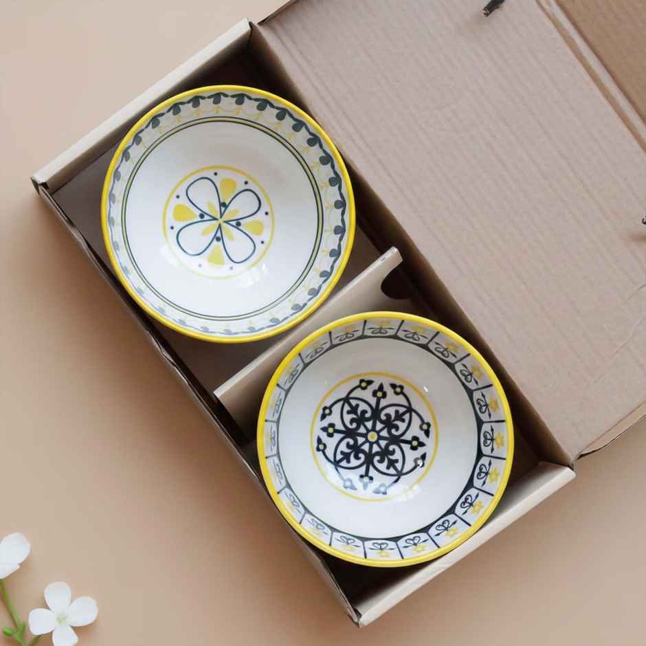 The Earth Store Yellow Floret Ceramic Bowl Set | Microwave & Dishwasher Safe | 300 ml