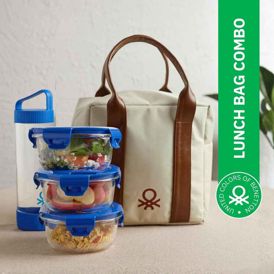 United Colors of Benetton Insulated Lunch Bag Set Blue with Glass Bottle and 3 Containers