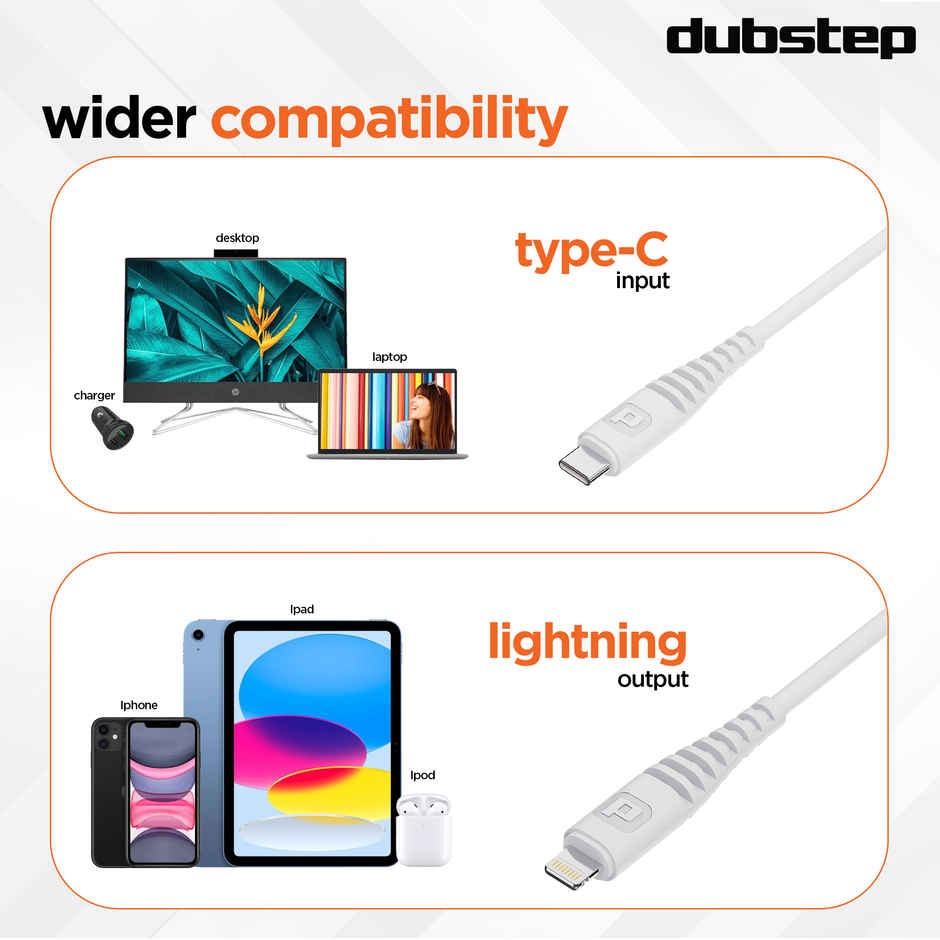 Dubstep Blaze Stellar 33W Type-C To Type-L Data Fast Charging Compatible & Data Sync Cable with Overheat Protection | 70k Insertion Tested - White