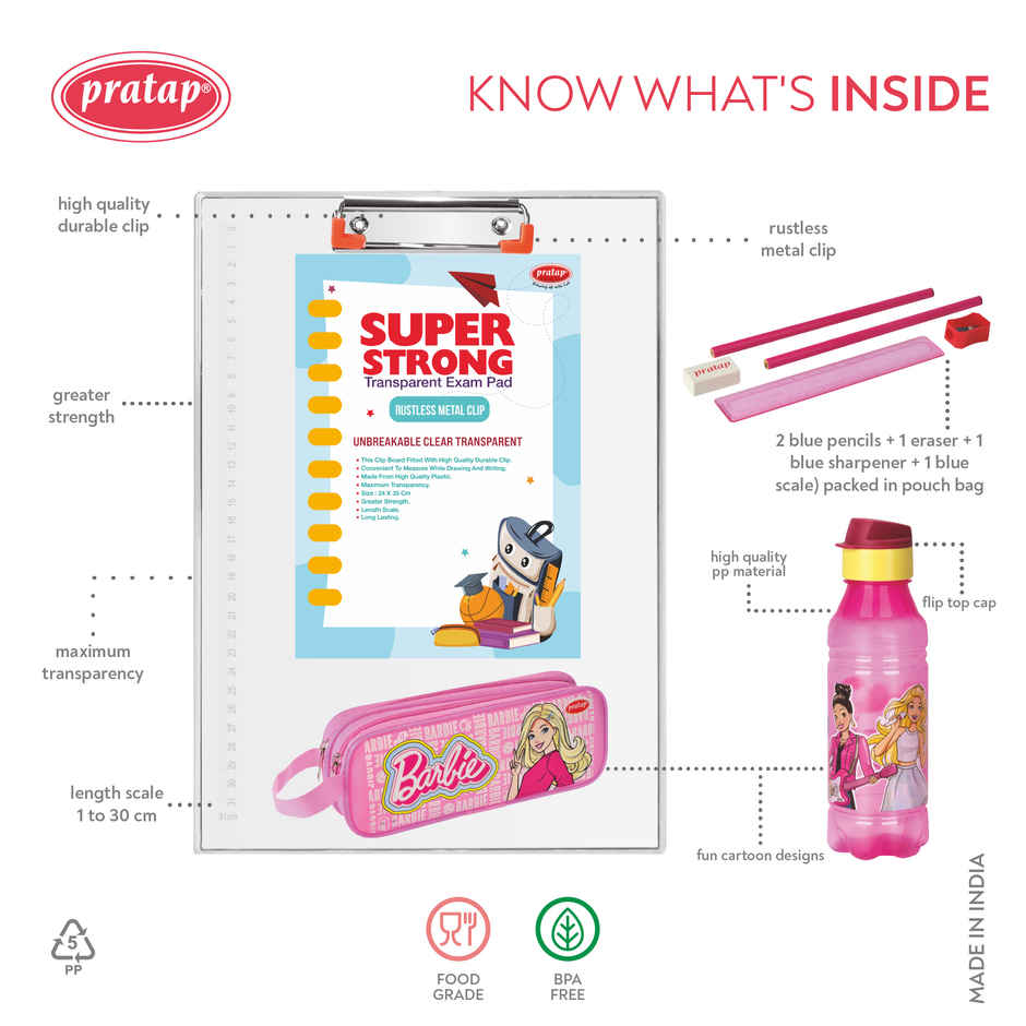 PRATAP Barbie Super Strong Exam Pad Set With 500Ml Bottle ,Stationery , Double Zip Pouch (Pink)