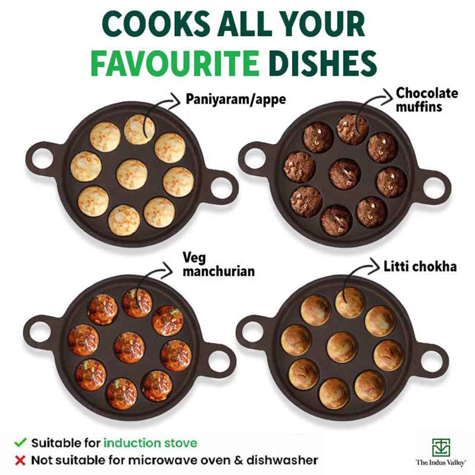 The Indus Valley Super Smooth Cast Iron Paniyaram Pan with Glass Lid | 9 Pit, 20.8cm/8.2inch, 2.7kg