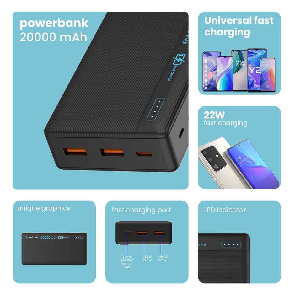 Stuffcool Major Plus 20000 mAh 20W Type C PD Powerbank,Fast Charging,50% in 30 mins,22.5W Type A Port