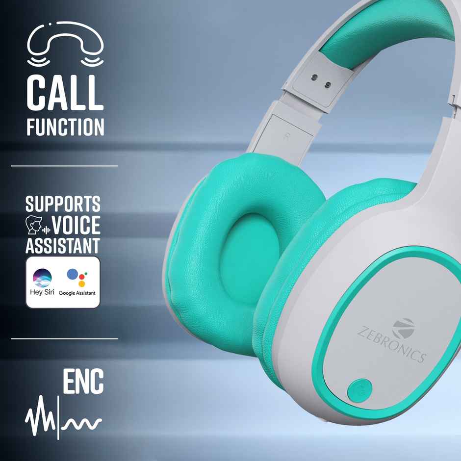 ZEBRONICS Thunder Bluetooth 5.3 Wireless Over Ear Headphones with 60H Backup, Gaming Mode, Dual Pairing, Enc, Aux, Micro Sd, Voice Assistant, Comfortable Earcups, Call Function - Sea Green