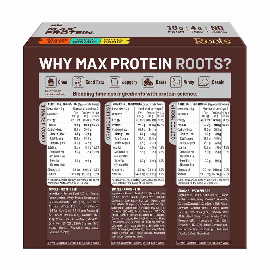 Max Protein Roots Ghee Jaggery 10g Protein Bars | Assorted | No Palm Oil | 4g Fiber
