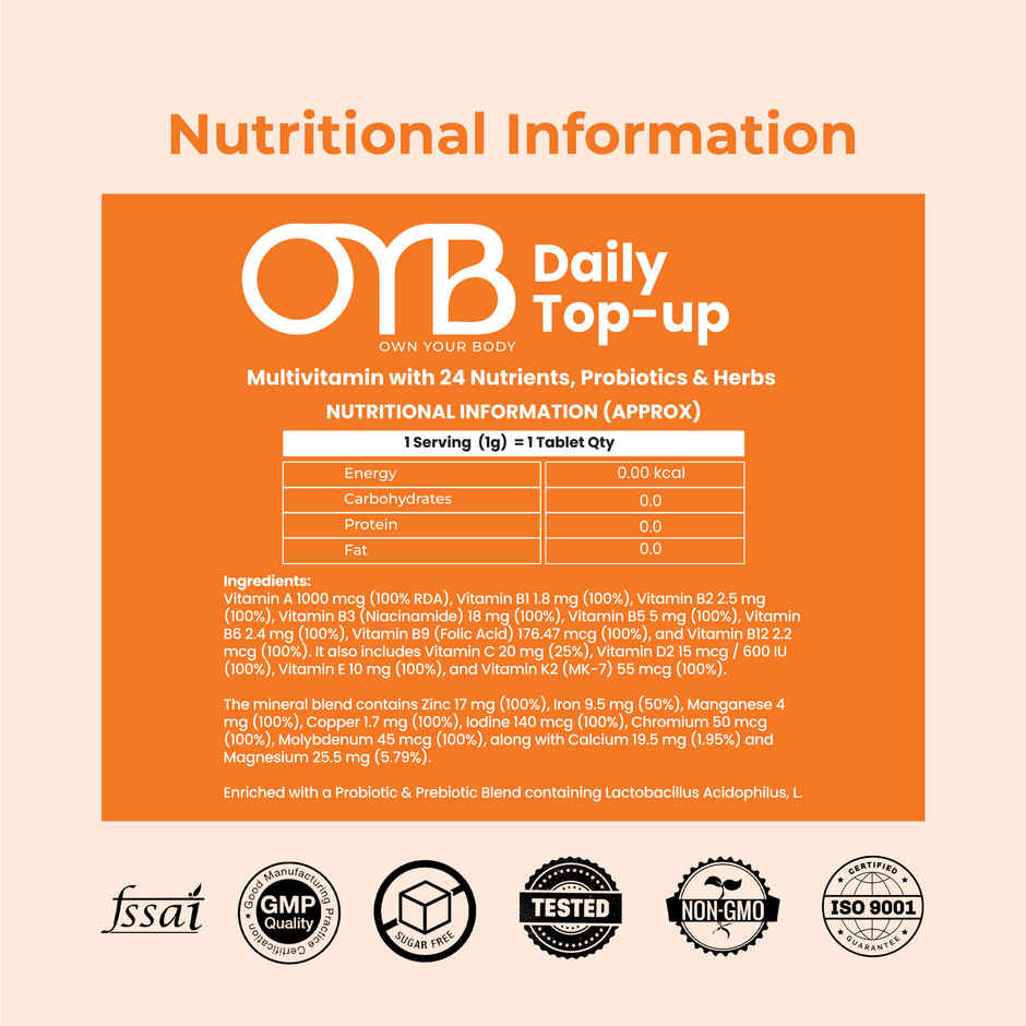 OYB Multivitamin with 24 Nutrients, Probiotics & Herbs | 60 Tablets | OYB Daily Top-Up
