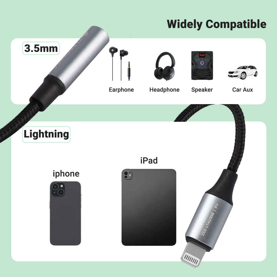 Zebronics LTAux10, Lightning to 3.5 mm Converter, Built-in DAC Chip, Braided Cable