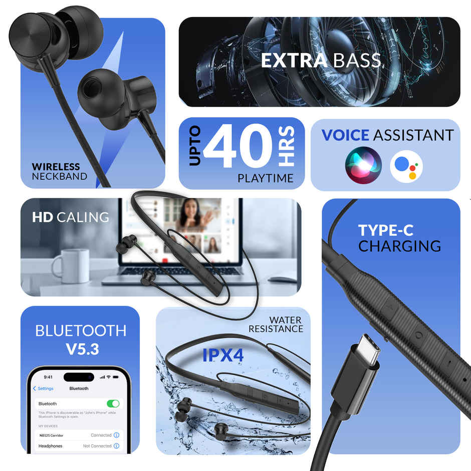 Aroma NB121 Corridor | Fast Charging | Dual Pairing Neckband Bluetooth | 40 Hours Playtime - Black