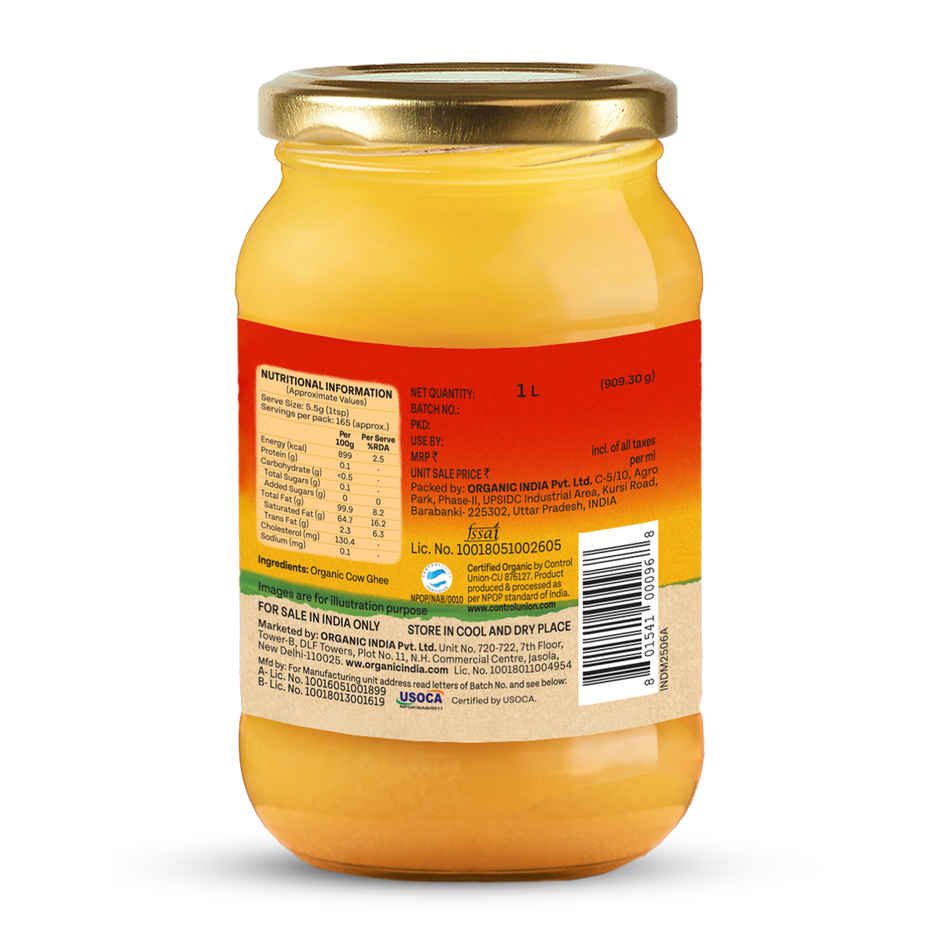 A TATA Product - Organic India Pure Cow Ghee | Glass Bottle | Sourced from Organically Fed Cows