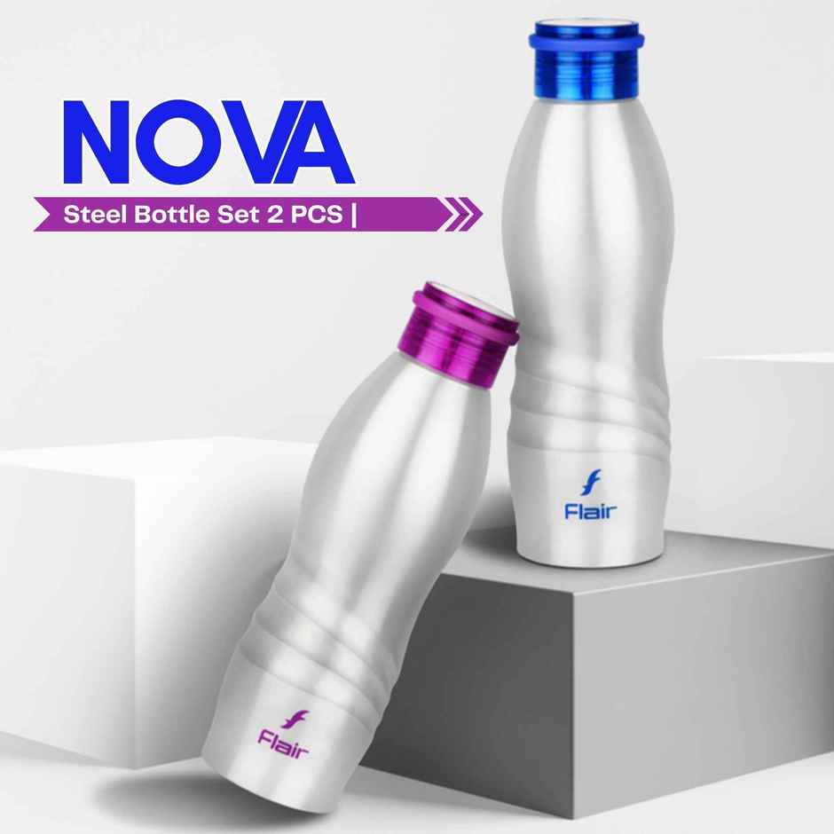 Flair Nova 304 Stainless Steel Water Bottle Gift Set, 950 ml Silver Bottles with Blue & Pink Caps