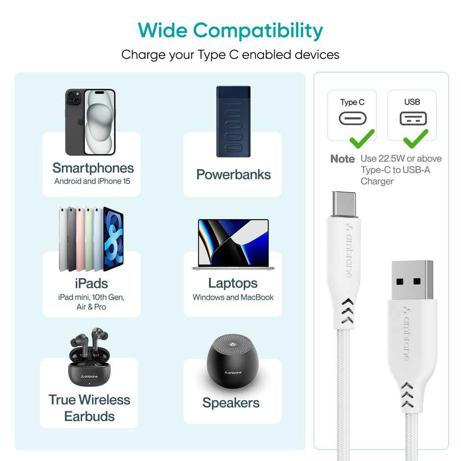 Ambrane Unbreakable 3A Fast Charging 1.5m Braided Type C Cable | USB to C Cable | White 