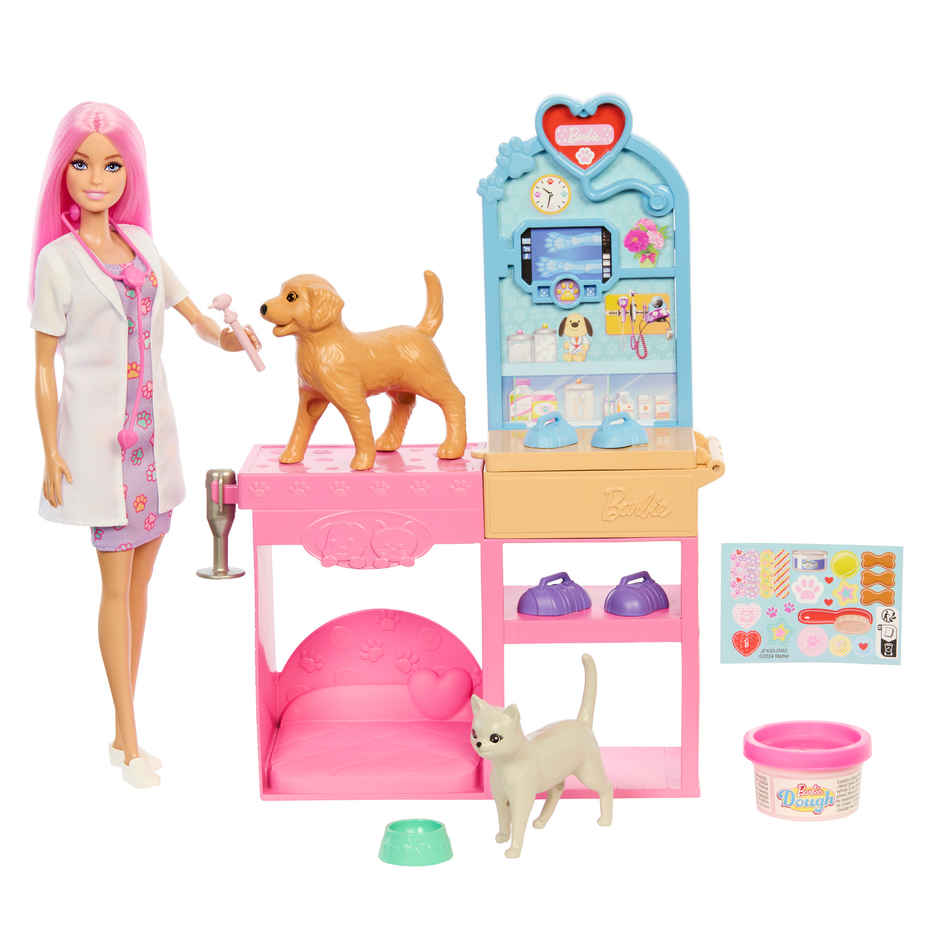 Barbie Fast Cast Veterinarian Clinic Playset with Pink Colored Hair Fashion Doll